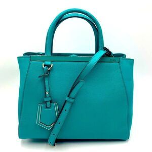 Auth Fendi 2Jours Petit 2way Turquoise Lagoon Saffiano Leather Tote Bag Preloved